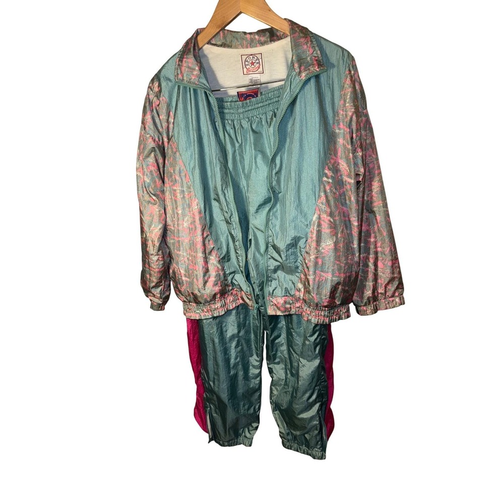Vintage 80s Sports Accent Nylon windbreaker Tracksuit Teal Pink Petite Medium